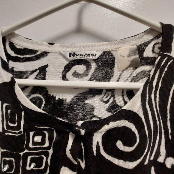 NYGARD COLLECTION Women's Geometric Print Cardigan w/Beading - Black/White  SML - Picture 10 of 12